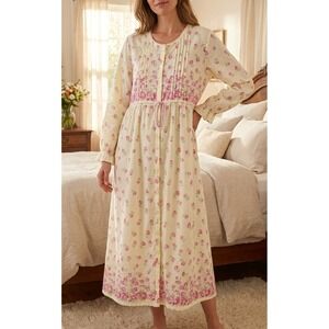 LA CERA Floral Long Sleeve Nightgown XL Yellow Cotton Lace Prairie Embroidered